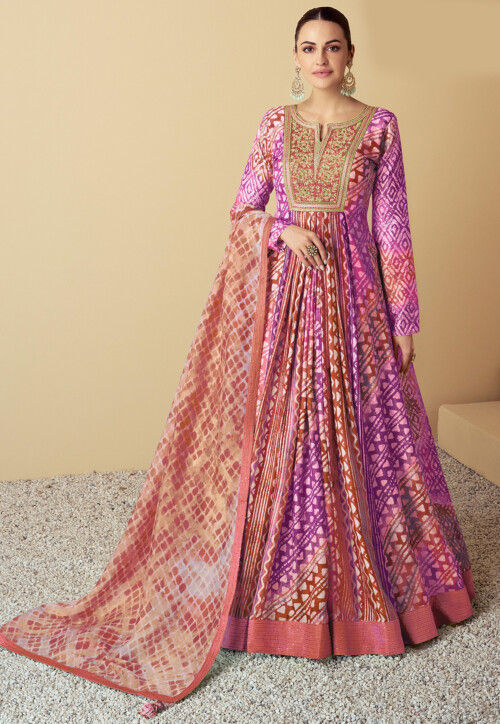 Batik Printed Muslin Silk Abaya Style Suit in Purple