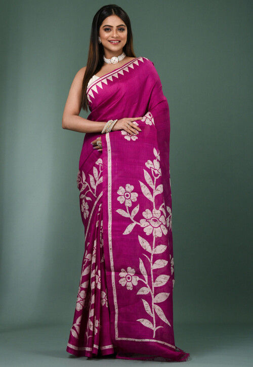 Batik Printed Pure Silk Saree in Magenta