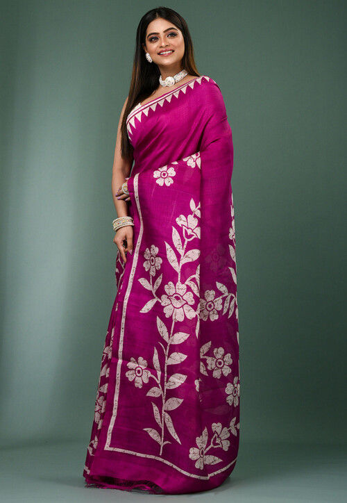 Batik Printed Pure Silk Saree in Magenta