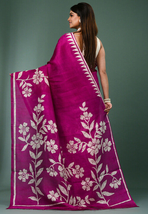 Batik Printed Pure Silk Saree in Magenta