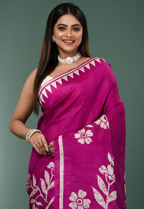 Batik Printed Pure Silk Saree in Magenta