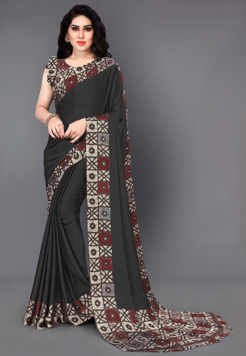 Black Chiffon Saree Handpainted with Florals - Mirra Clothing-sgquangbinhtourist.com.vn