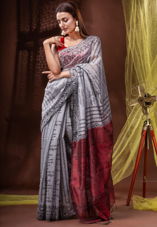 Grey & Multi Coloured Linen Cotton Beautiful Hand Block printed Women  Daily/Party wear Saree with Blouse!! at Rs 1048.00 | Party Wear Saree,  Roopkatha Designer Sarees, फैंसी साड़ी - SR CREATION, Bengaluru |