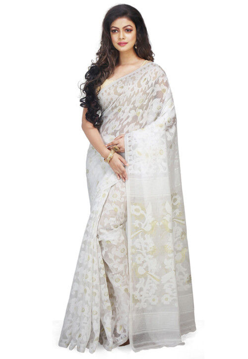 Bengal Handloom Cotton Silk Saree in White
