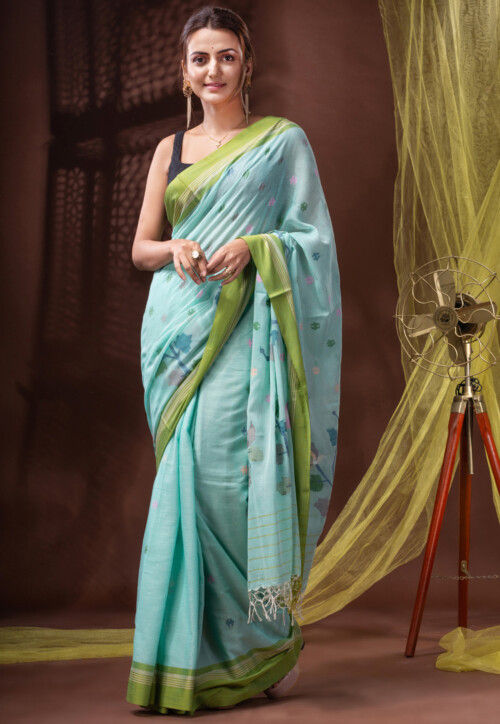 Bengal Handloom Pure Cotton Saree in Dusty Blue