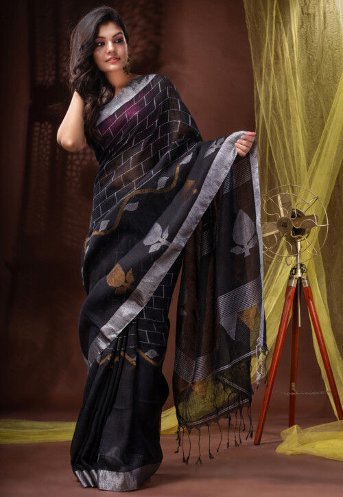 Woodentant women's cotton silk copper zari dhakai jamdani saree without  blouse piece_( Royal blue )