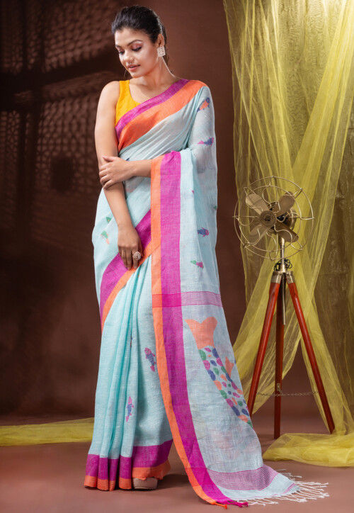 Dark Pink Tussar Jamdani Saree With Floral Weaving | Singhania's