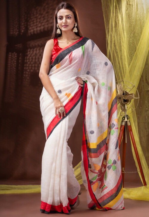 Handloom Saree - Red and White - ArtisanSoul