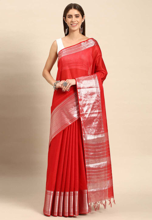 Scarlet Red Pure Khaddi Banarasi Silk Saree in Chiffon woven in Silver Zari  - Mirra Clothing