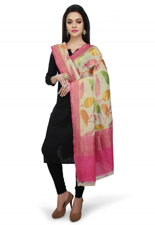 Handloom Pure Muga Silk Dupatta in Light Beige and Pink