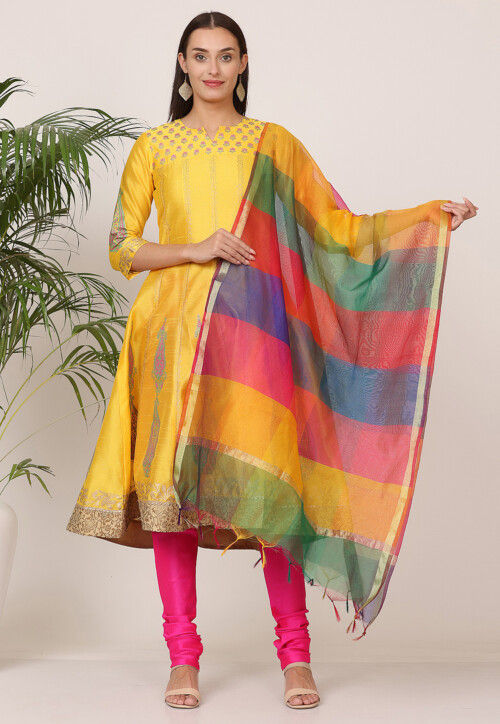 Block Printed Art Silk Anarkali Suit in Yellow