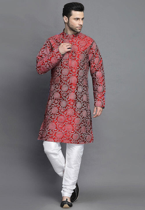 Block Printed Art Silk Kurta Set in Maroon