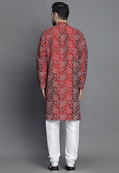 Block Printed Art Silk Kurta Set in Maroon