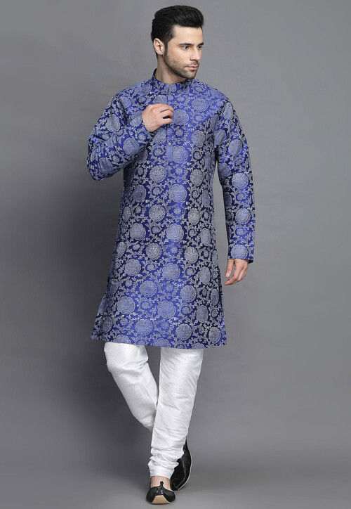 Block Printed Art Silk Kurta Set in Royal Blue