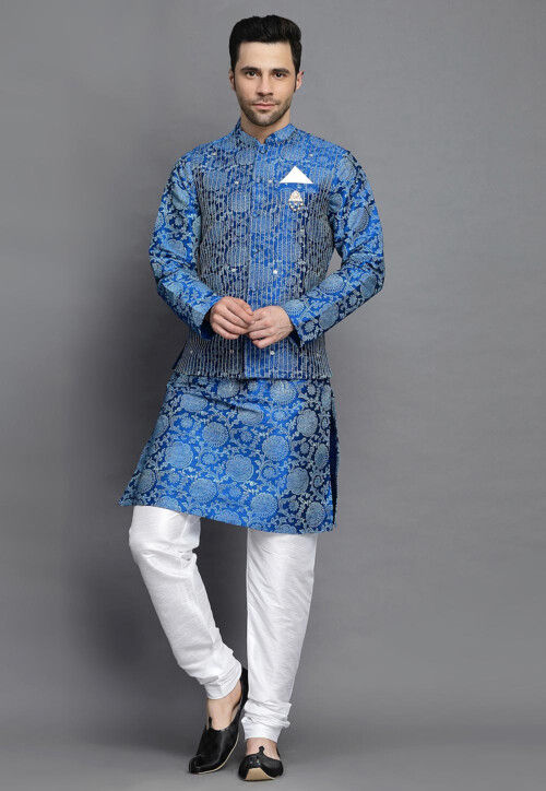 Block Printed Art Silk Kurta Set in Royal Blue