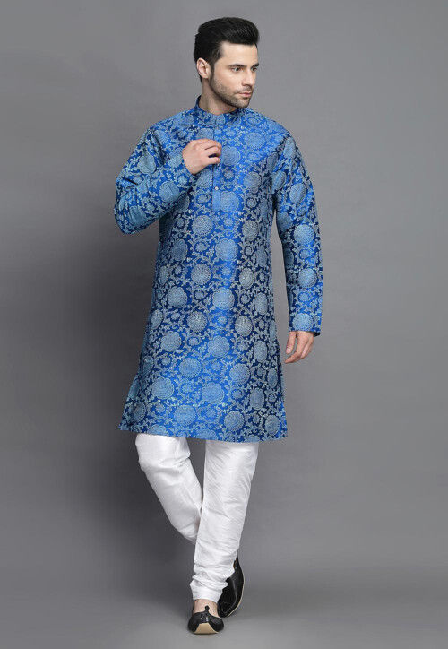 Block Printed Art Silk Kurta Set in Royal Blue