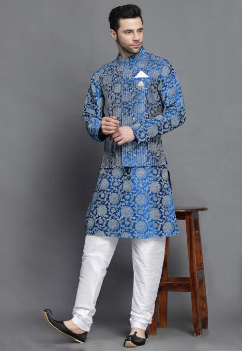 Block Printed Art Silk Kurta Set in Royal Blue