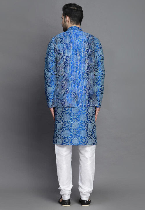 Block Printed Art Silk Kurta Set in Royal Blue
