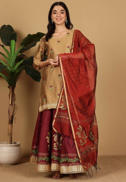 Block Printed Dupion Silk Lehenga in Maroon