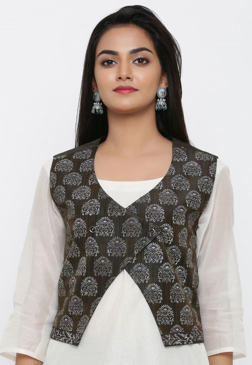 Block Printed Art Silk Overlapping Jacket in Black