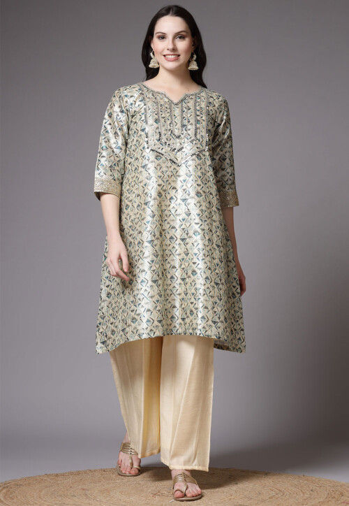 Digital Printed Art Silk A line Kurta Set in Beige