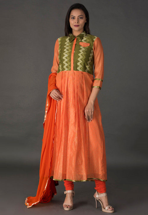 Block Printed Chanderi Silk A Line Suit in Orange and Green