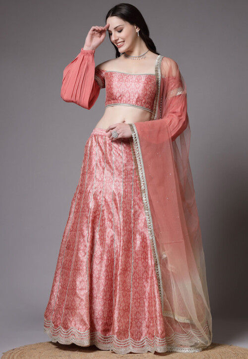 Digital Printed Art Silk Lehenga in Peach