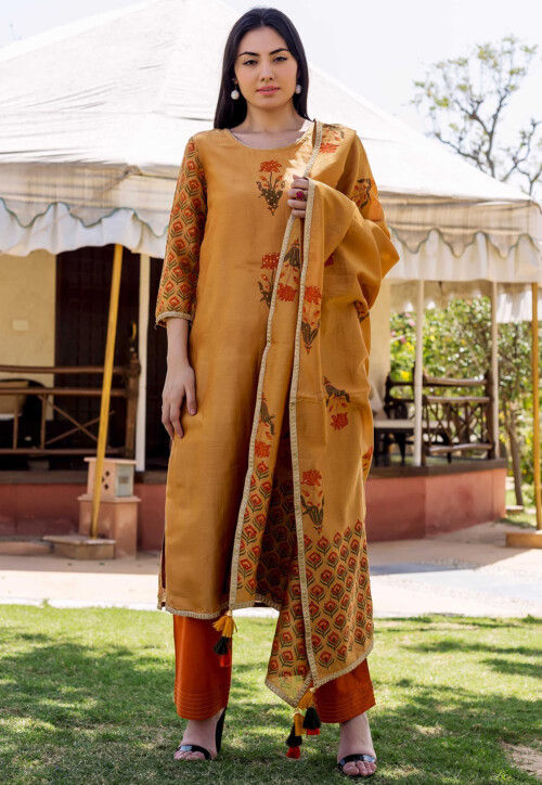 Block Printed Chanderi Silk Pakistani Suit in Mustard