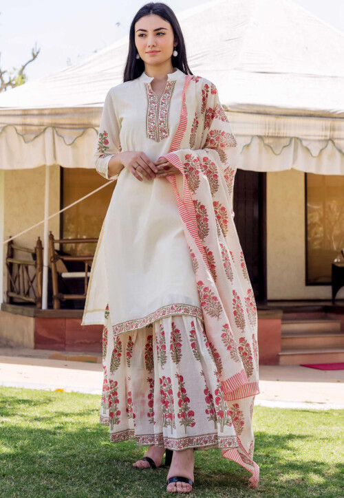 Block Printed Chanderi Silk Pakistani Suit in Off White