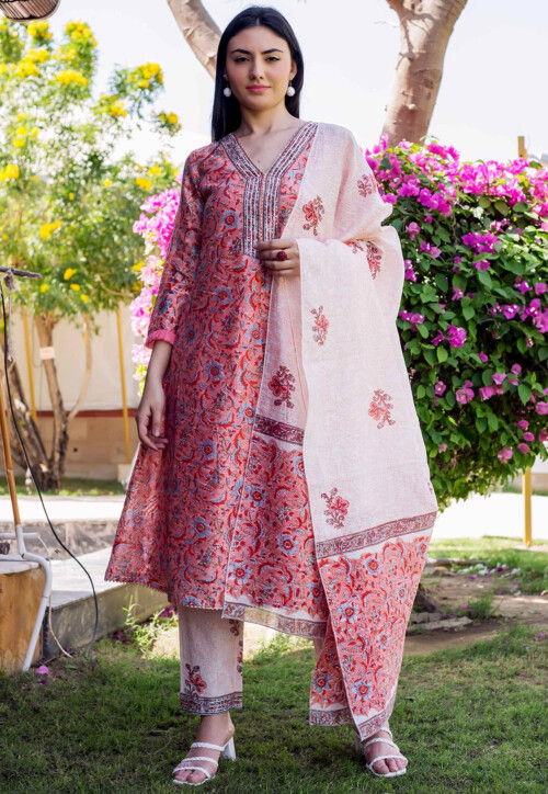 Block Printed Chanderi Silk Pakistani Suit in Peach