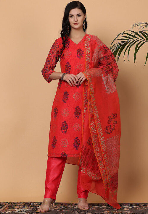 Block Printed Chanderi Silk Pakistani Suit in Red