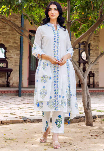 Block Printed Chanderi Silk Pakistani Suit in White