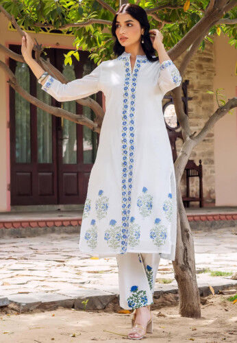 Block Printed Chanderi Silk Straight Kurta Set in White