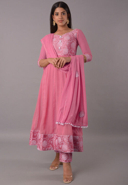 Block Printed Chiffon Anarkali Suit in Baby Pink