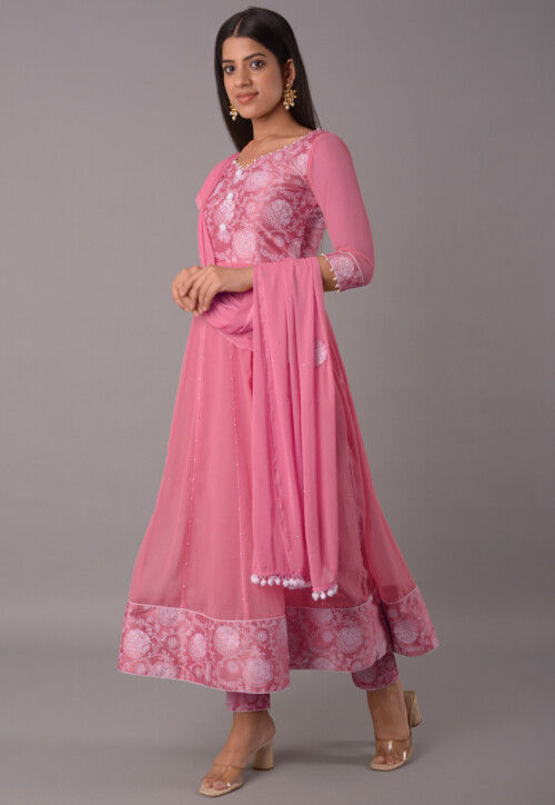 Block Printed Chiffon Anarkali Suit in Baby Pink