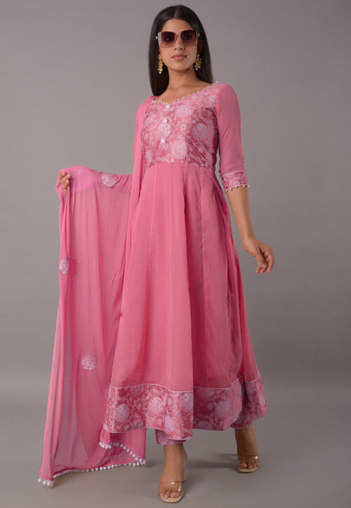 Block Printed Chiffon Anarkali Suit in Baby Pink