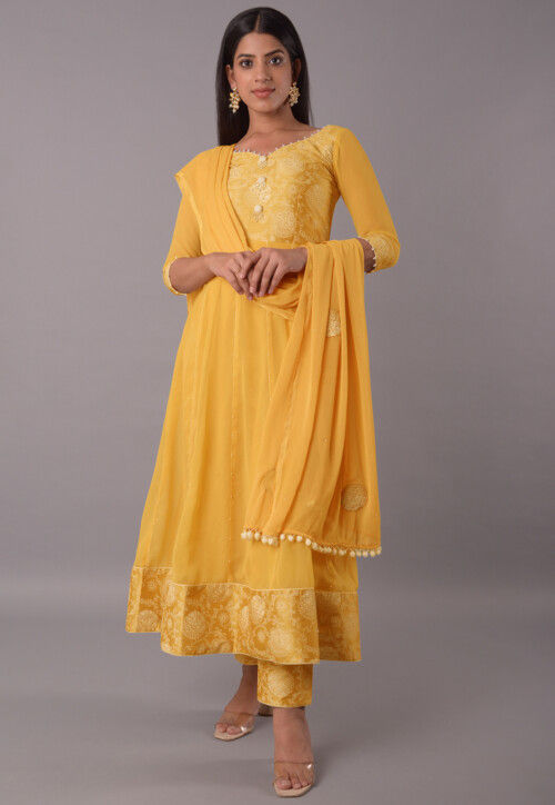 Women's Wear Mustard Yellow Color Anarkali With Heavy Net And Embroidery  Work