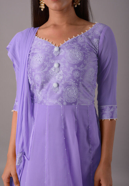 Block Printed Chiffon Anarkali Suit in Purple