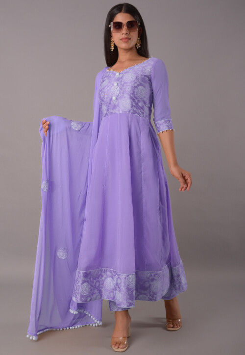 Block Printed Chiffon Anarkali Suit in Purple