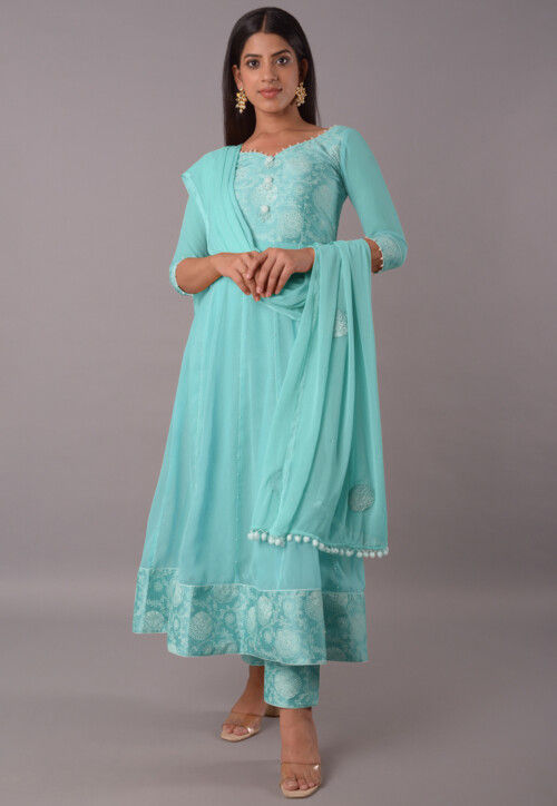 Block Printed Chiffon Georgette Anarkali Suit Sky Blue KUR72