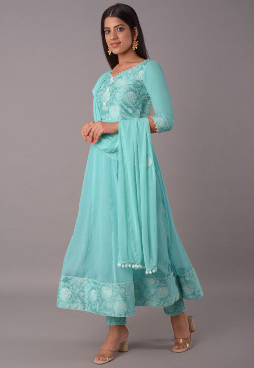 Buy Block Printed Chiffon Anarkali Suit in Sky Blue Online : KUR72 ...
