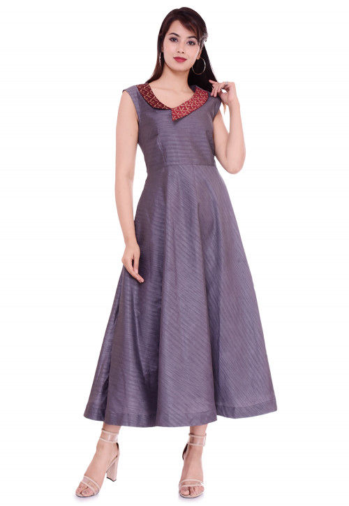 Golden Printed Collar Dupion Silk A Line Dress in Grey