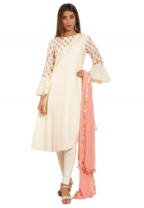 Block Printed Cotton A Line Suit in Cream