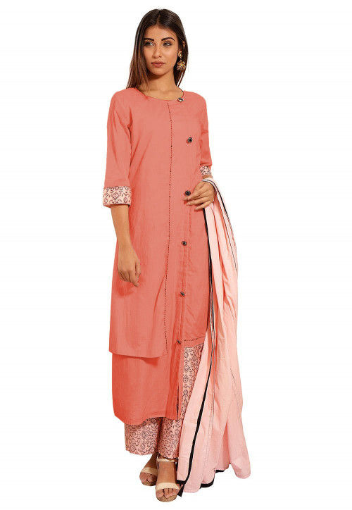 Block Printed Cotton A Line Suit in Peach