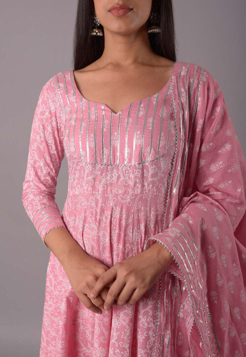 Block Printed Cotton Aline Suit in Pink