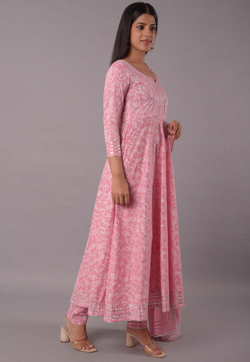 Block Printed Cotton Aline Suit in Pink