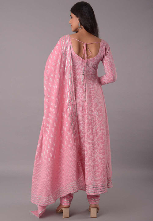 Block Printed Cotton Aline Suit in Pink