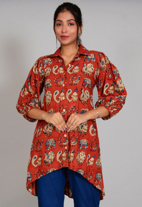 Block Printed  Cotton Asymmetic Top in Rust