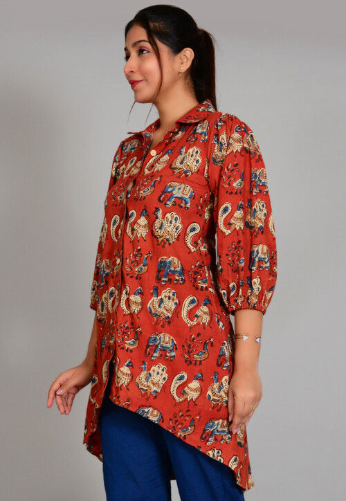 Block Printed  Cotton Asymmetic Top in Rust
