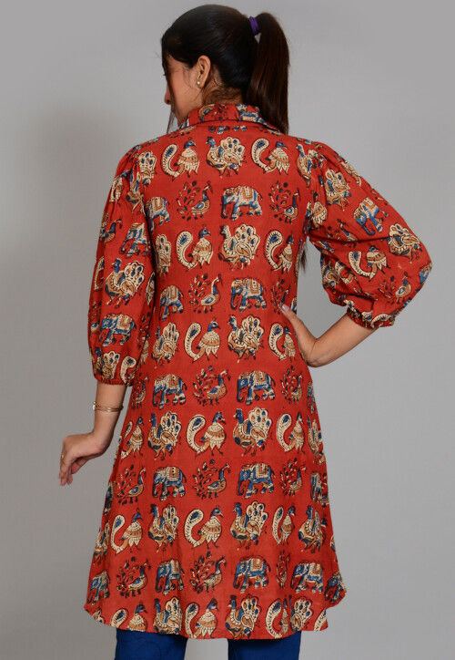 Block Printed  Cotton Asymmetic Top in Rust